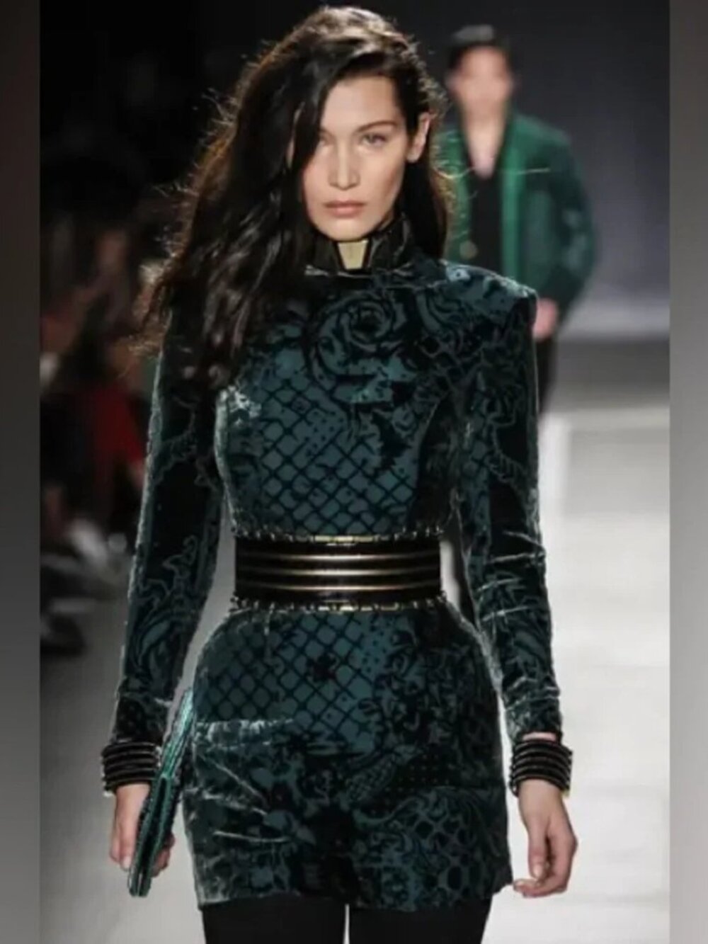 NWT Balmain for H&M RUNWAY Velvet Green Flocked Long Sleeve Gold Zip Dress SZ 8